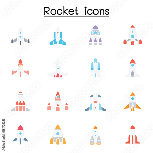 Rocket, spaceship, spacecraft icon set in thin line style
