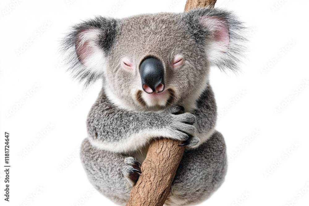 Fototapeta premium A cute koala sleeping peacefully while hugging a tree branch.