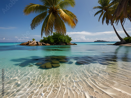 dyllic White Sand Beach with Crystal Clear Waters and Palm Trees Under the Summer Sun photo