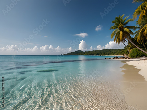 dyllic White Sand Beach with Crystal Clear Waters and Palm Trees Under the Summer Sun photo