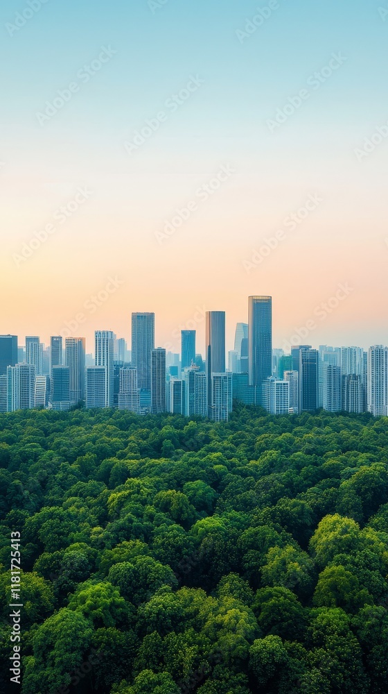 Fototapeta premium Business growth ethical concept. Urban skyline above lush green forest at dawn.