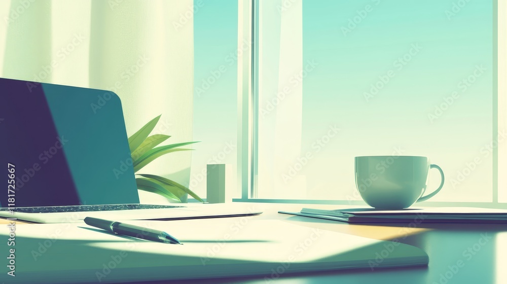 Fototapeta premium A serene workspace with a laptop, cup, and notebook, promoting productivity and focus.