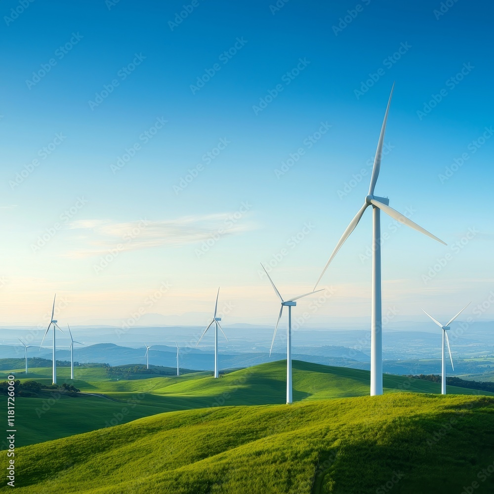 Renewable energy adoption concept. Wind turbines on green hills under a clear blue sky. Renewable energy adoption concept. Wind turbines on green hills under a clear blue sky.