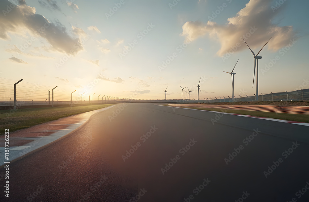 Fototapeta premium empty highway and wind turbines at sunset