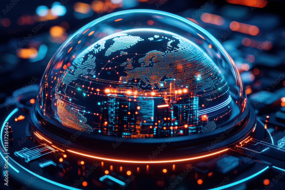 A futuristic globe encased in a glowing dome, symbolizing advanced technology and connectivity in a digital world. A futuristic globe encased in a glowing dome, symbolizing advanced technology and connectivity in a digital world.