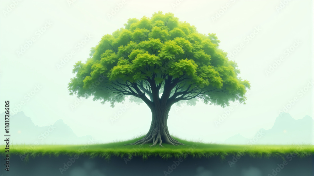 A majestic green tree stands proudly in a tranquil landscape, exuding life and serenity. A majestic green tree stands proudly in a tranquil landscape, exuding life and serenity.