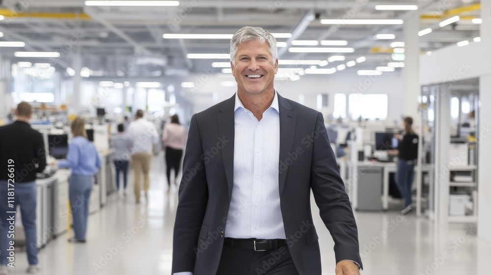 A confident man in a suit walking through a modern office space filled with employees. A confident man in a suit walking through a modern office space filled with employees.