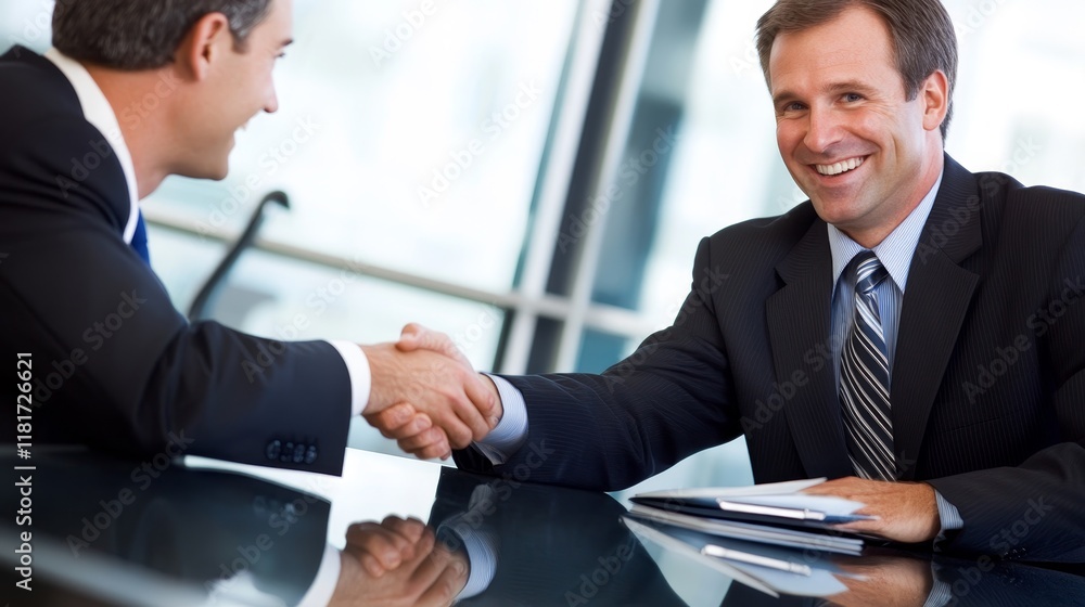 Two men shaking hands in a business setting, conveying agreement or partnership. Two men shaking hands in a business setting, conveying agreement or partnership.