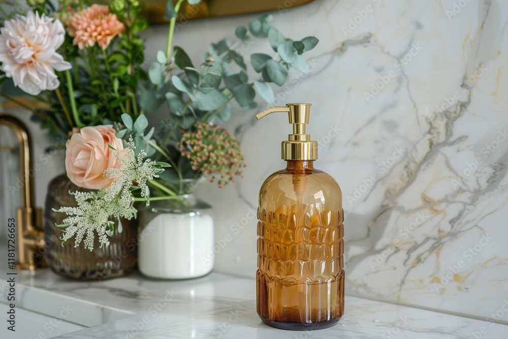 Fototapeta premium Luxury glass soap dispenser with marble base, elegant and modern design.