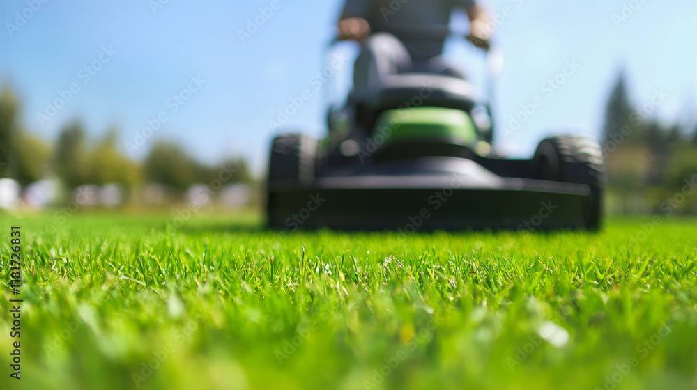 Lawnmower cutting grass in sunny park, showcasing well maintained lawn