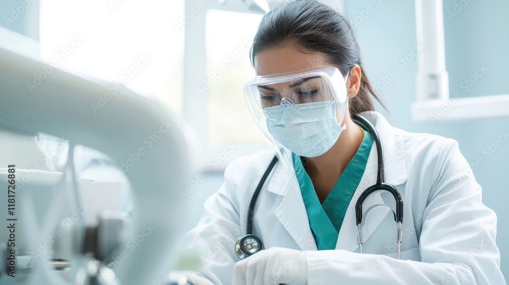 A healthcare professional in a lab coat and mask working with medical equipment. A healthcare professional in a lab coat and mask working with medical equipment.