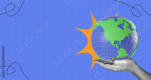 halftone collage, Global sustainability concept, A retro hand holding a 3D globe, on a blue background with copy space. environmental, eco-friendly, or global outreach themes