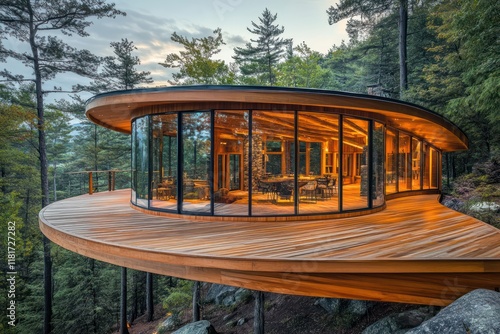 A mountain retreat with a curved wooden design, a wraparound deck, and expansive glass walls opening into a forest clearing photo