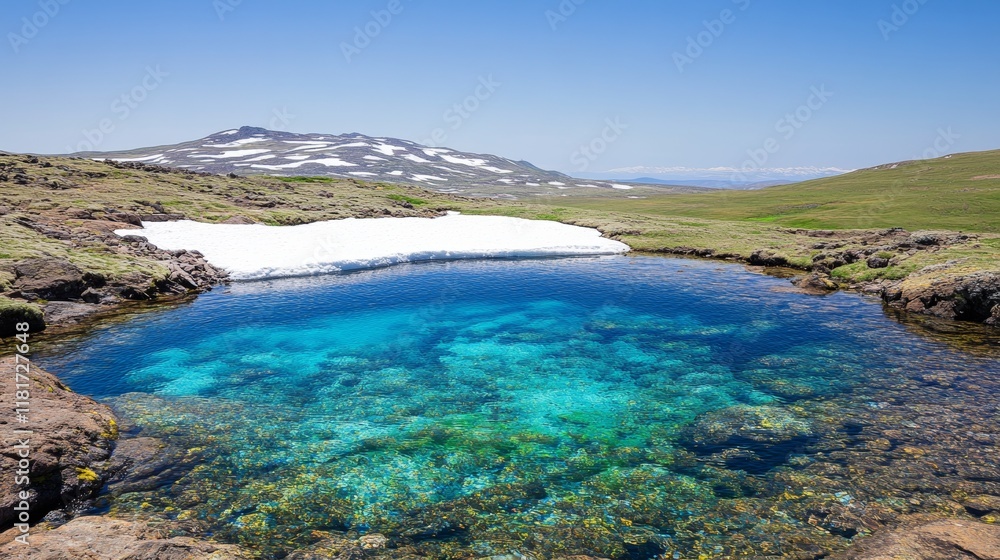 Crystal Clear Alpine Lake with Snow Patches and Mountains Crystal Clear Alpine Lake with Snow Patches and Mountains