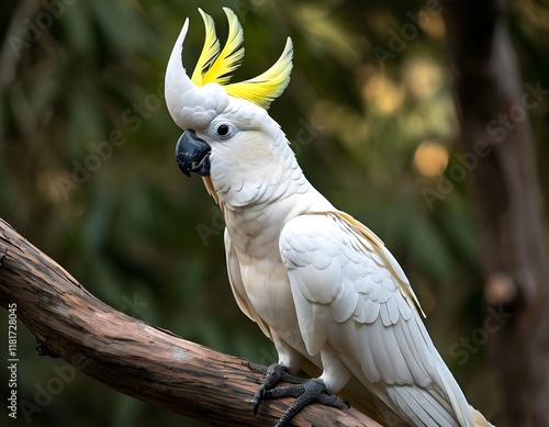 A close-up of a cockatoo perched on a branch shows its colorful plumage and expressive gaze. photo