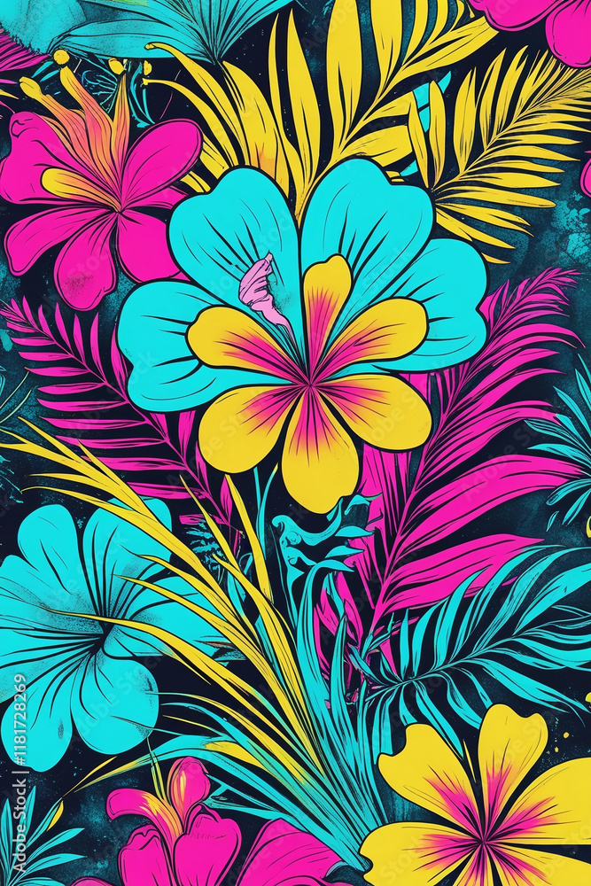 Psychedelic Floral Design with Electric Turquoise, Magenta, and Lemon Yellow Psychedelic Floral Design with Electric Turquoise, Magenta, and Lemon Yellow