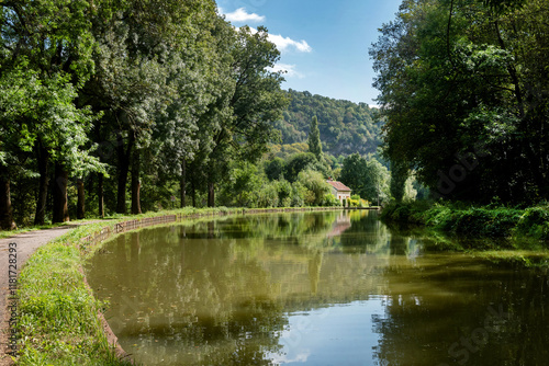 Beautiful landscape view of the Canal Bourgogne, the Burgundy Canal between Pouilly-en-Auxois and Dijon, popular with cyclists following the Eurovelo cycle path  France, Europe.