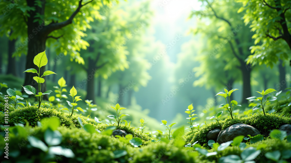 A serene forest scene with vibrant greenery, moss-covered ground, and gentle sunlight filtering through trees. A serene forest scene with vibrant greenery, moss-covered ground, and gentle sunlight filtering through trees.