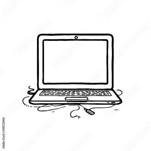 Laptop illustration with cables on white background
