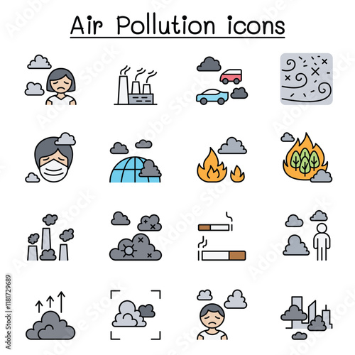Air pollution, virus crisis, covid-19, corona virus icon set in thin line style