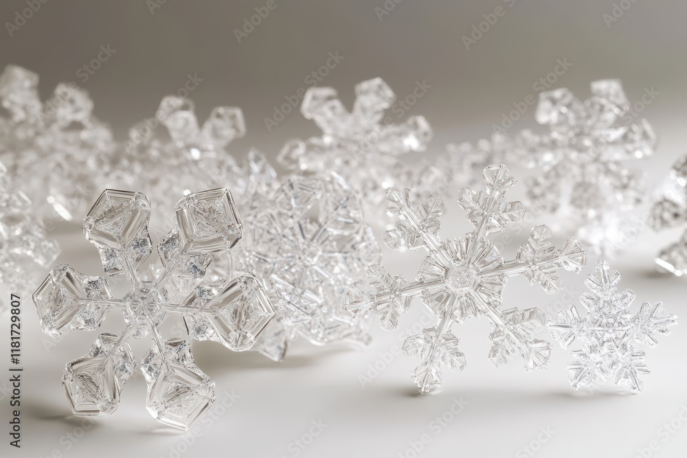 Delicate crystal snowflakes shimmer under soft light, creating a winter wonderland effect on a smooth surface Delicate crystal snowflakes shimmer under soft light, creating a winter wonderland effect on a smooth surface