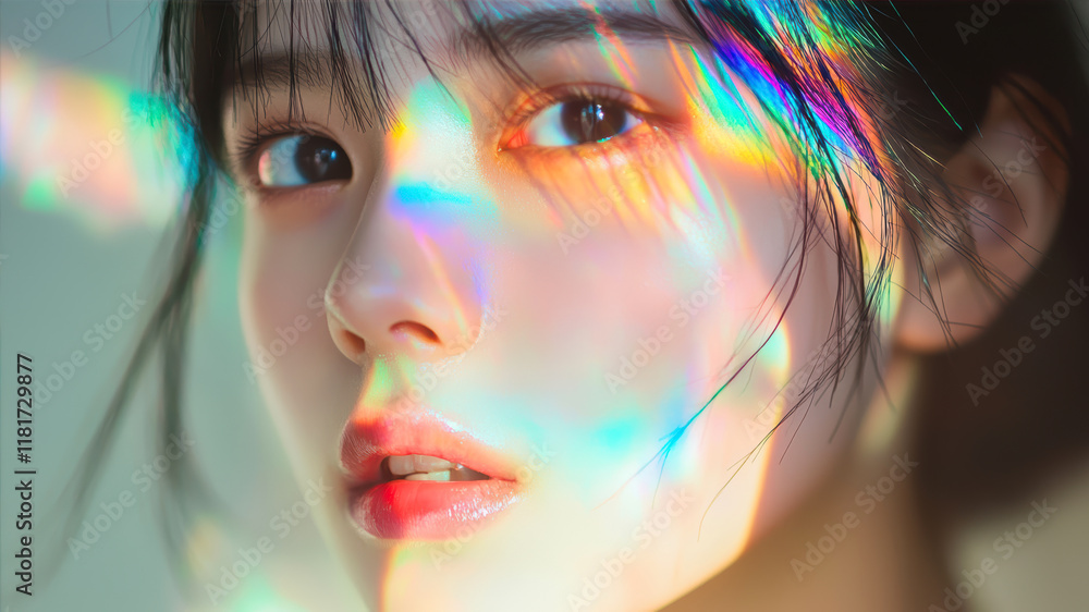 Abstract Holographic Rainbow Light Reflects on a Serene Face, Creating an Ethereal Aura and Captivating Beauty Abstract Holographic Rainbow Light Reflects on a Serene Face, Creating an Ethereal Aura and Captivating Beauty