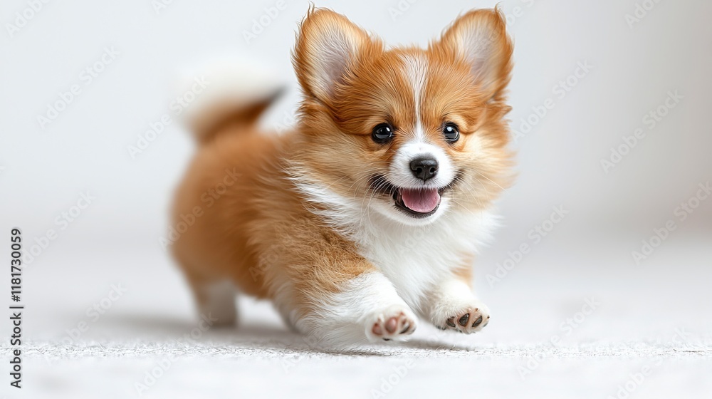 Playful and energetic corgi puppy happily running on a soft carpet in a serene indoor environment Playful and energetic corgi puppy happily running on a soft carpet in a serene indoor environment