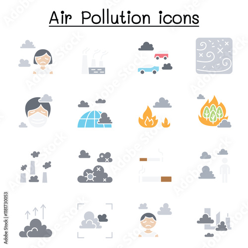 Air pollution, virus crisis, covid-19, corona virus icon set in thin line style