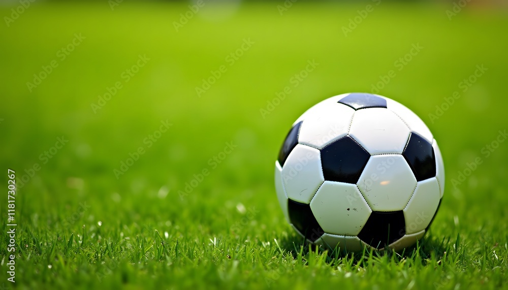 Obraz premium Soccer ball on lush green grass under bright light