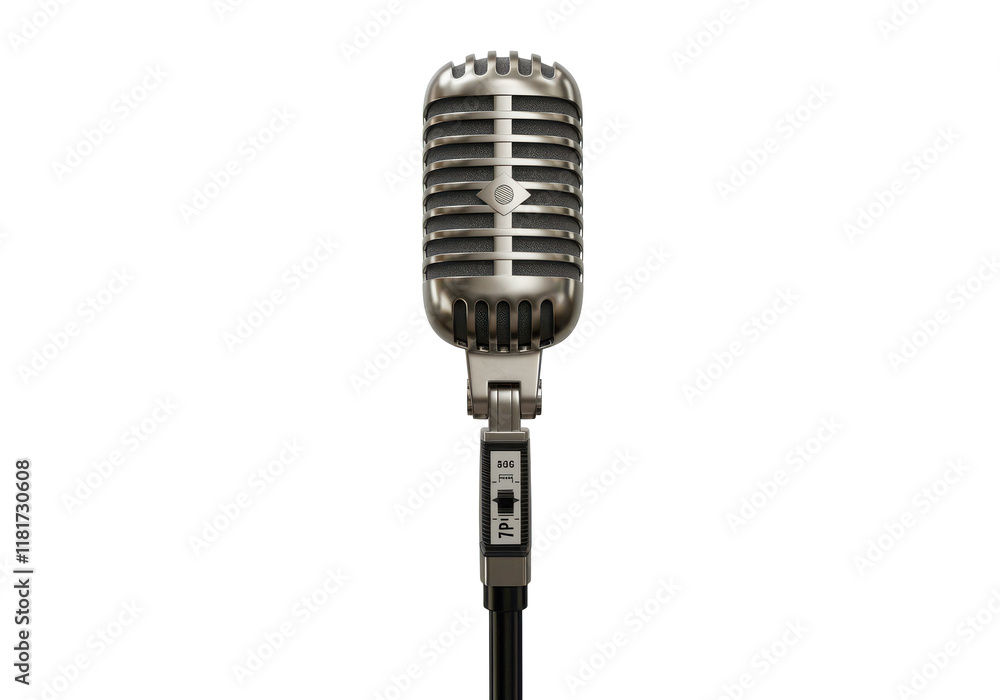Fototapeta premium A vintage-style microphone with a polished metallic finish, mounted on a stand, isolated on a white background