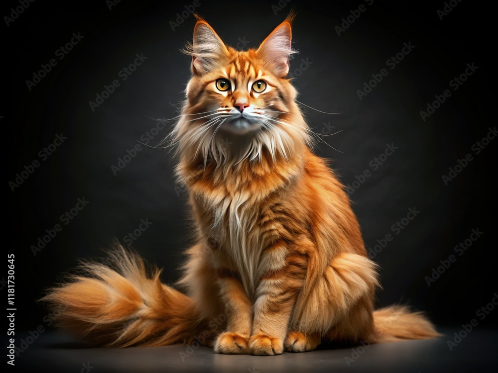 Obraz premium Adorable Ginger Maine Coon Kitten with Fluffy Tail, Curious Gaze, Black Background