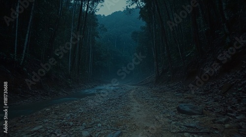 Dark Forest Path Riverbed Misty Morning Gloom