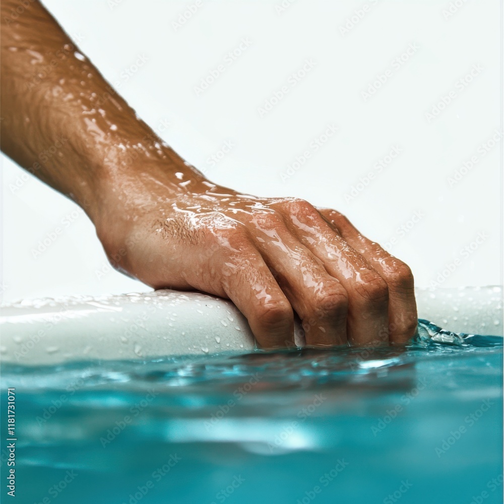Hand reaching out to touch water while exploring a peaceful swimming pool setting on a sunny day Hand reaching out to touch water while exploring a peaceful swimming pool setting on a sunny day