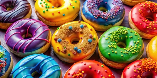 Aerial View of Nine Colorful Sprinkled Doughnuts photo