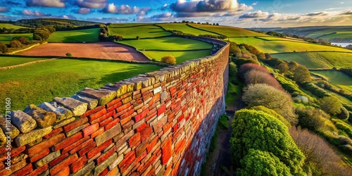 Aerial View of Red Brick Accents in a Cornish Stone Wall, Lerryn photo