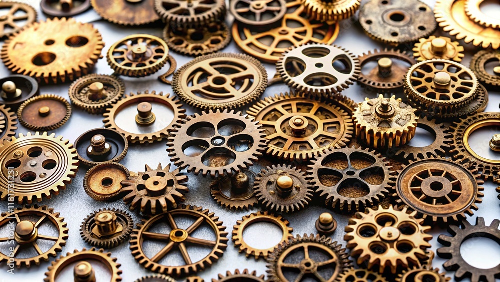 Antique Bronze Gears Mechanism - Aerial View, White Background Stock Photo Antique Bronze Gears Mechanism - Aerial View, White Background Stock Photo