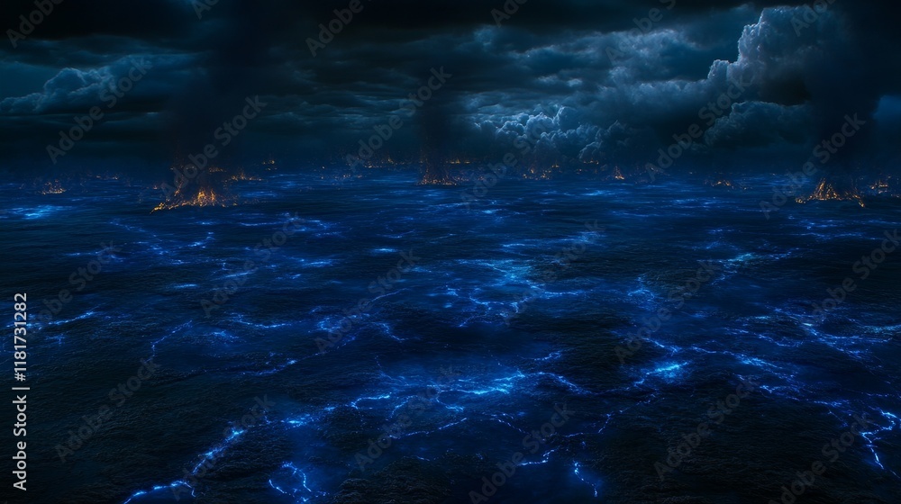 Naklejka premium Dark Ocean Gloom Burning Cityscape Under Stormy Skies