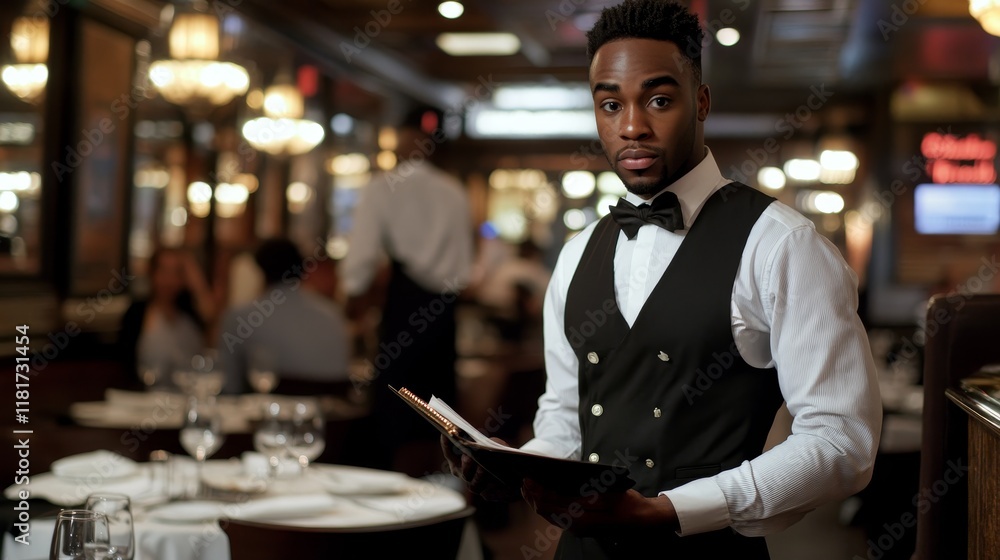 A waiter in formal attire holds a menu in a bustling restaurant setting. A waiter in formal attire holds a menu in a bustling restaurant setting.