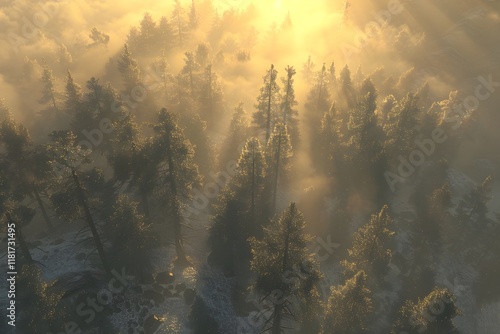 Sunlit Misty Forest Scene Captures Serene Beauty in golden morning light with sweeping vistas photo