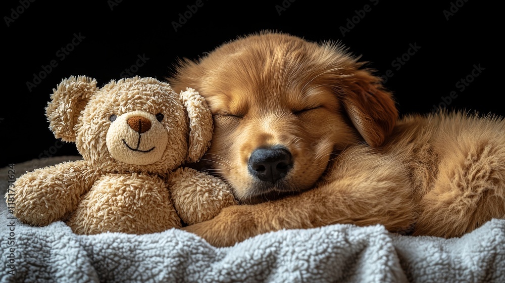 Golden retriever puppy peacefully sleeping next to a plush teddy bear on a soft blanket in a cozy, dark setting Golden retriever puppy peacefully sleeping next to a plush teddy bear on a soft blanket in a cozy, dark setting