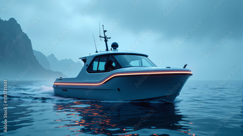 Naklejka premium A sleek white boat gliding through calm blue waters under a dramatic night sky.