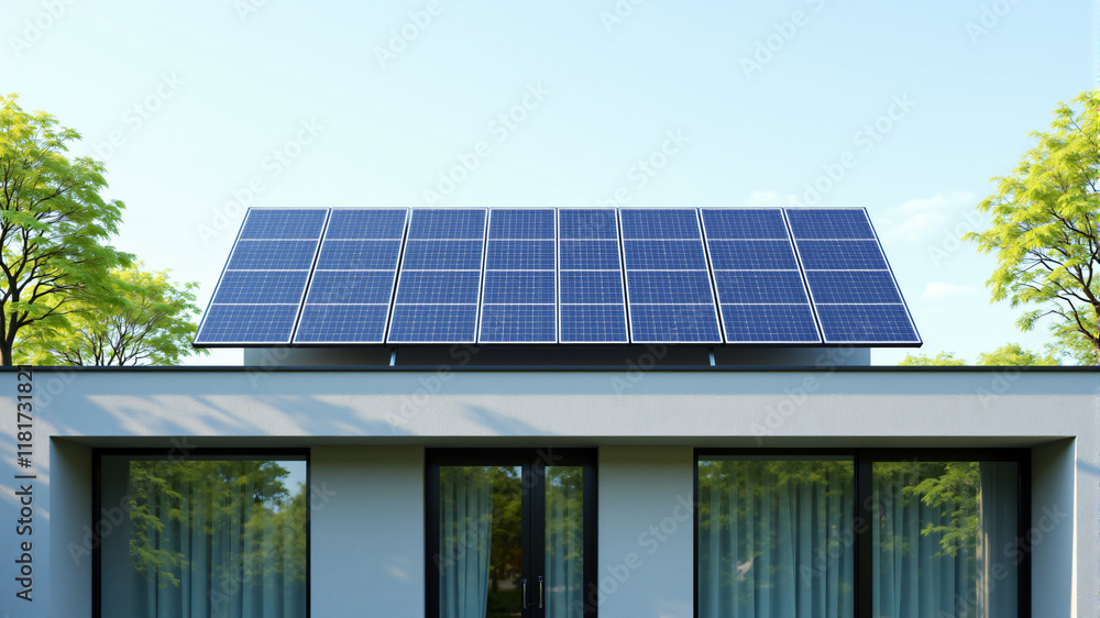 Fototapeta premium A modern house features solar panels on the roof for energy efficiency and sustainability.