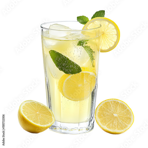 Glass of fresh lemonade isolated on white background
