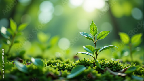 A small green plant thriving in a vibrant, lush environment with breathtaking sunlight.