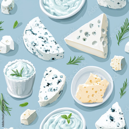 Blue cheese dressing flat illustration, Blue cheese dressing seamless pattern photo