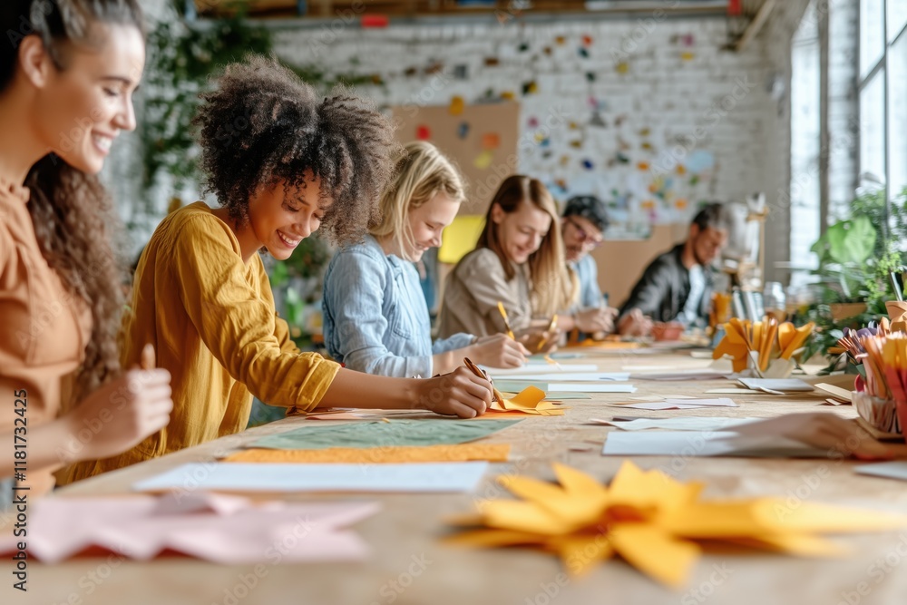 Fototapeta premium Diverse group of people engaged in creative paper crafting activities at a workshop
