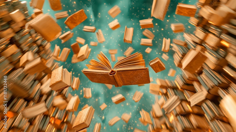 Naklejka premium Floating Open Book Surrounded by Falling Pages in an Imaginative Concept of Knowledge and Creativity
