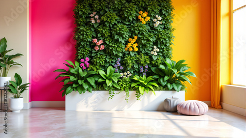 A colorful indoor vertical garden featuring lush green plants and blooming flowers against vibrant walls. photo