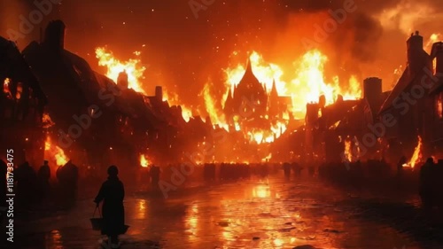 Fiery destruction of a medieval town engulfed in flames during a dramatic night