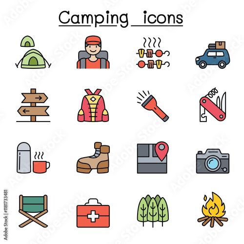 Camping & Hiking icons set in thin line style
